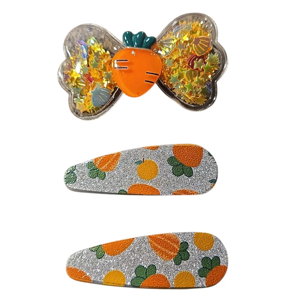 Kids Orange Carrot‎ & Glitter Hair Clips Set